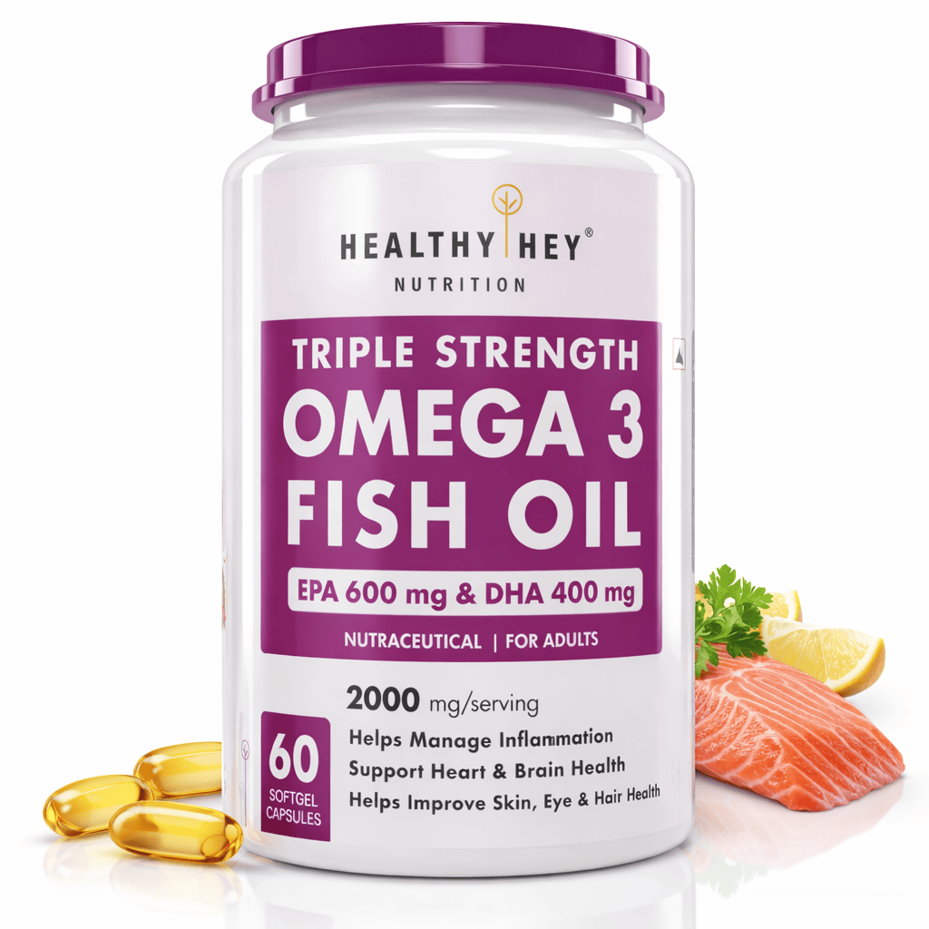 HealthyHey Nutrition Softgels 60 Fish Oil - Omega 3, Support Heart,Brain skin, Hair & Eye Health (2000 Mg) Burpless (600 EPA & 400 DHA)