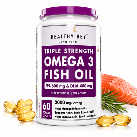 HealthyHey Nutrition Softgels 60 Fish Oil - Omega 3, Support Heart,Brain skin, Hair & Eye Health (2000 Mg) Burpless (600 EPA & 400 DHA)