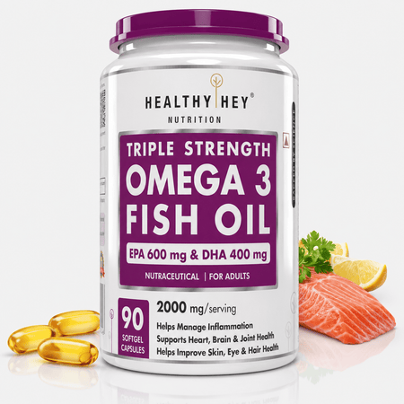 HealthyHey Nutrition Softgels 90 Fish Oil - Omega 3, Support Heart,Brain skin, Hair & Eye Health (2000 Mg) Burpless (600 EPA & 400 DHA)