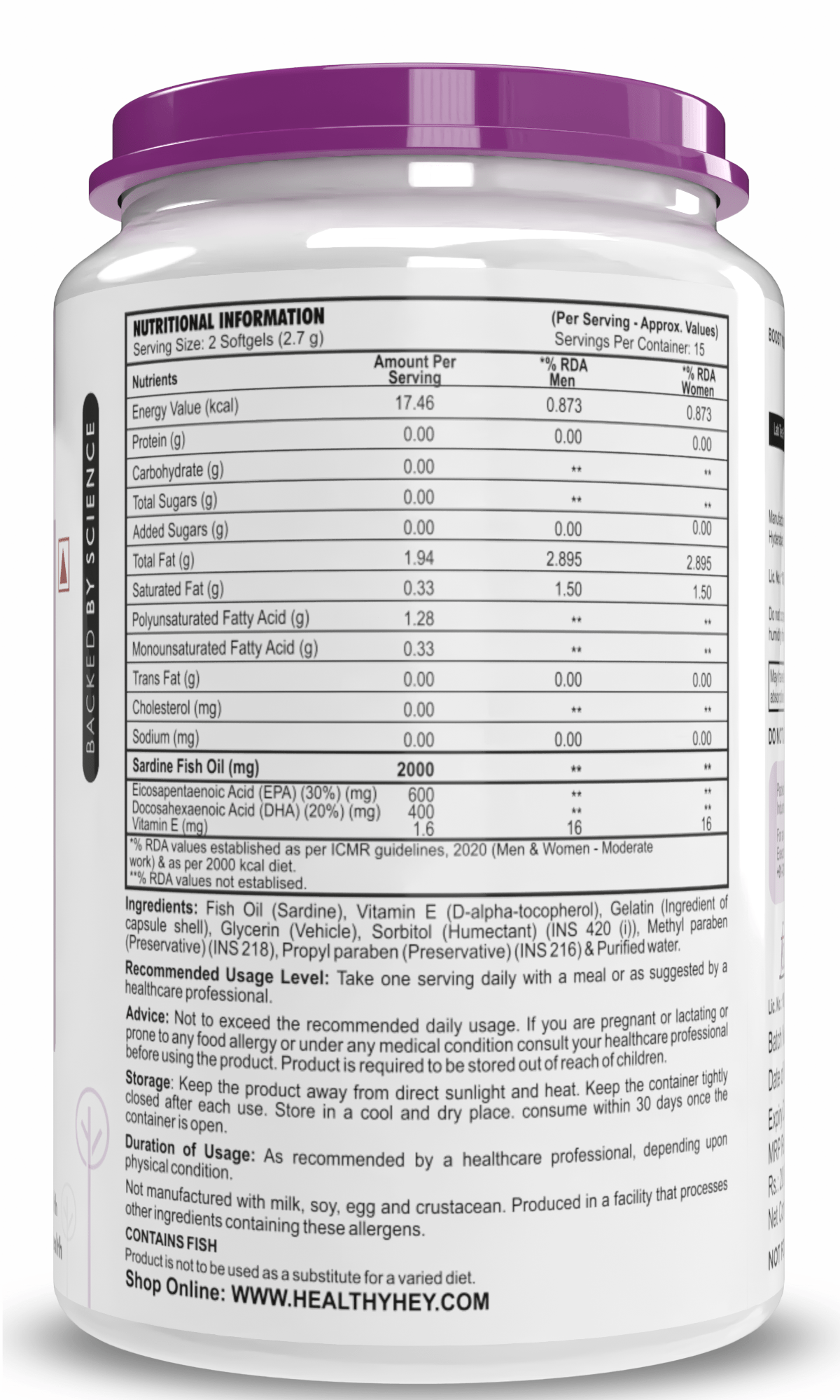 HealthyHey Nutrition Softgels Fish Oil - Omega 3, Support Heart,Brain skin, Hair & Eye Health (2000 Mg) Burpless - 60 Softgel (600 EPA & 400 DHA)