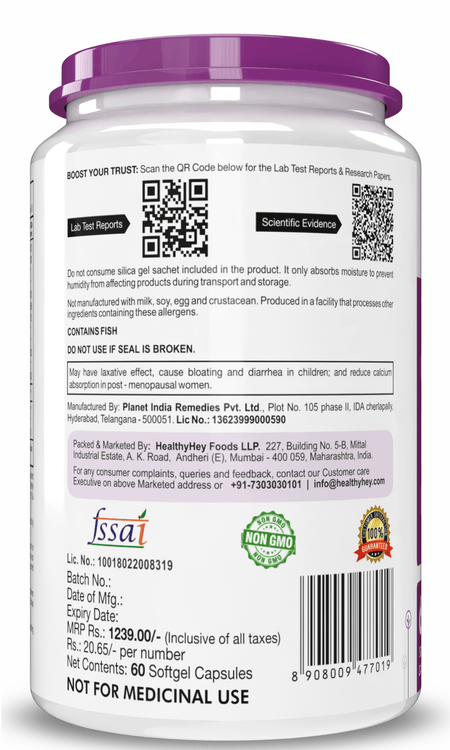 HealthyHey Nutrition Softgels Fish Oil - Omega 3, Support Heart,Brain skin, Hair & Eye Health (2000 Mg) Burpless - 60 Softgel (600 EPA & 400 DHA)