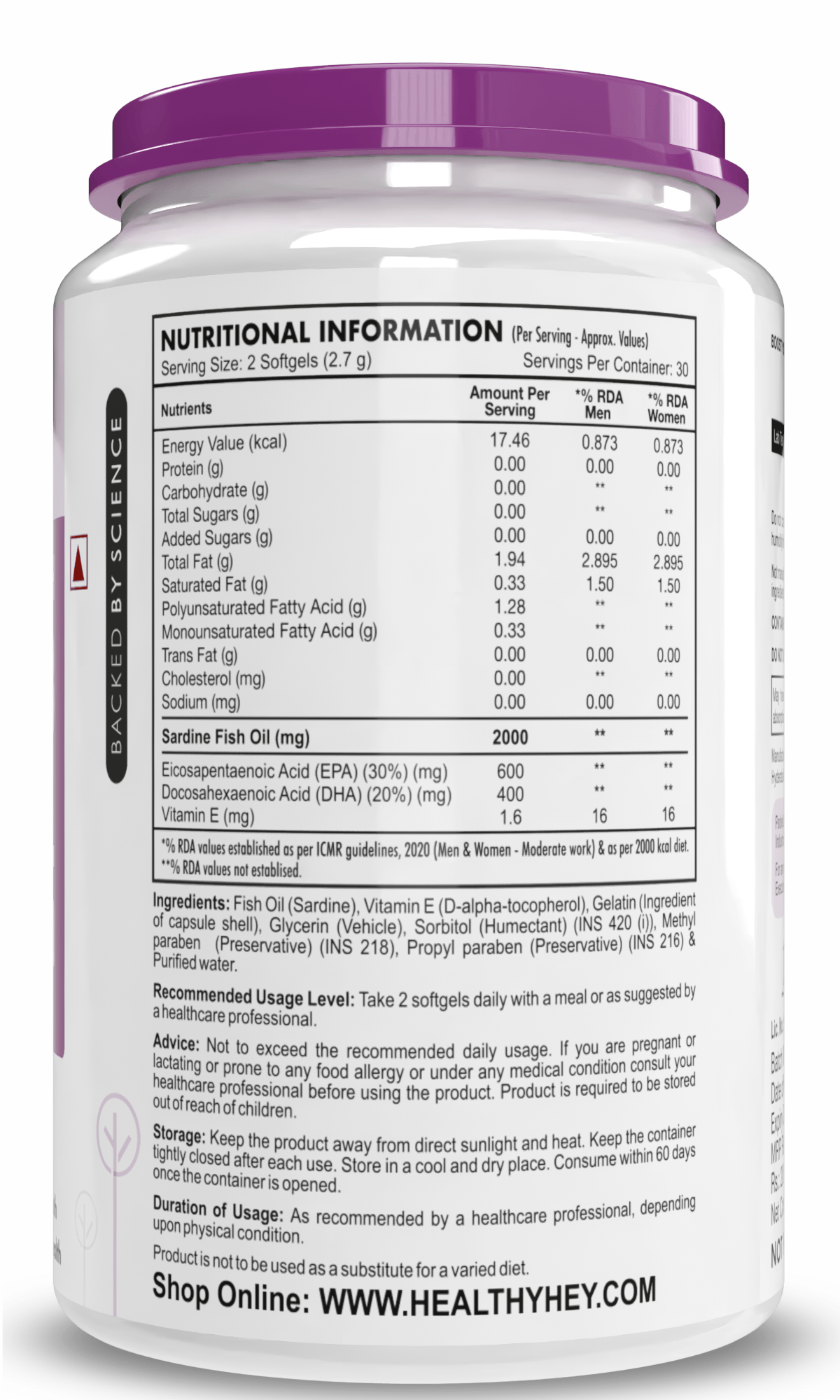 HealthyHey Nutrition Softgels Fish Oil - Omega 3, Support Heart,Brain skin, Hair & Eye Health (2000 Mg) Burpless - 60 Softgel (600 EPA & 400 DHA)