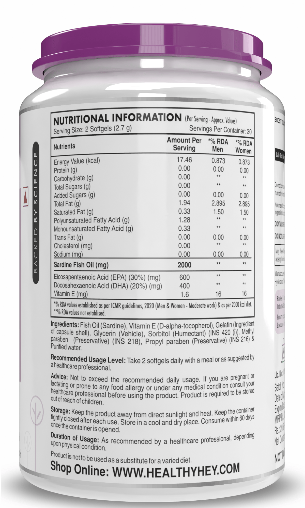 HealthyHey Nutrition Softgels Fish Oil - Omega 3, Support Heart,Brain skin, Hair & Eye Health (2000 Mg) Burpless (600 EPA & 400 DHA)
