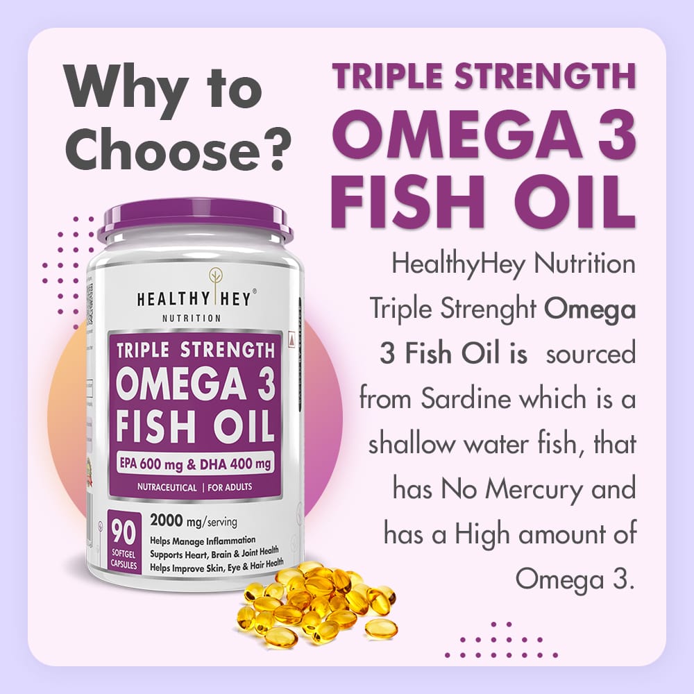 HealthyHey Nutrition Softgels Fish Oil - Omega 3, Support Heart,Brain skin, Hair & Eye Health (2000 Mg) Burpless (600 EPA & 400 DHA)