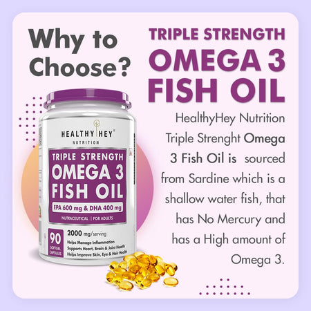 HealthyHey Nutrition Softgels Fish Oil - Omega 3, Support Heart,Brain skin, Hair & Eye Health (2000 Mg) Burpless (600 EPA & 400 DHA)