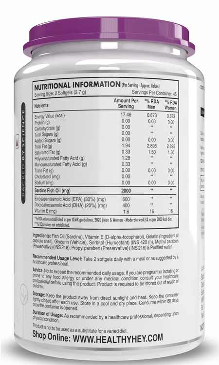 HealthyHey Nutrition Softgels Fish Oil - Omega 3, Support Heart,Brain skin, Hair & Eye Health (2000 Mg) Burpless (600 EPA & 400 DHA)