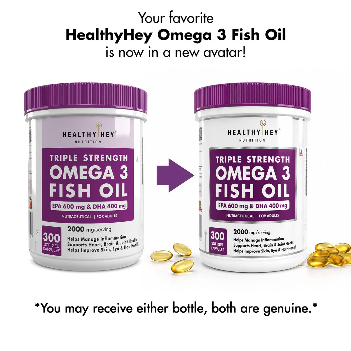 HealthyHey Nutrition Softgels Fish Oil - Omega 3, Support Heart,Brain skin, Hair & Eye Health (2000 Mg) Burpless (600 EPA & 400 DHA)