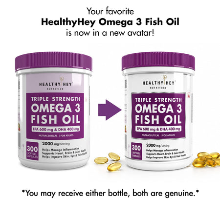 HealthyHey Nutrition Softgels Fish Oil - Omega 3, Support Heart,Brain skin, Hair & Eye Health (2000 Mg) Burpless (600 EPA & 400 DHA)