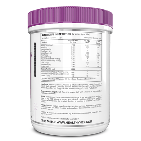 HealthyHey Nutrition Softgels Fish Oil - Omega 3, Support Heart,Brain skin, Hair & Eye Health (2000 Mg) Burpless (600 EPA & 400 DHA)