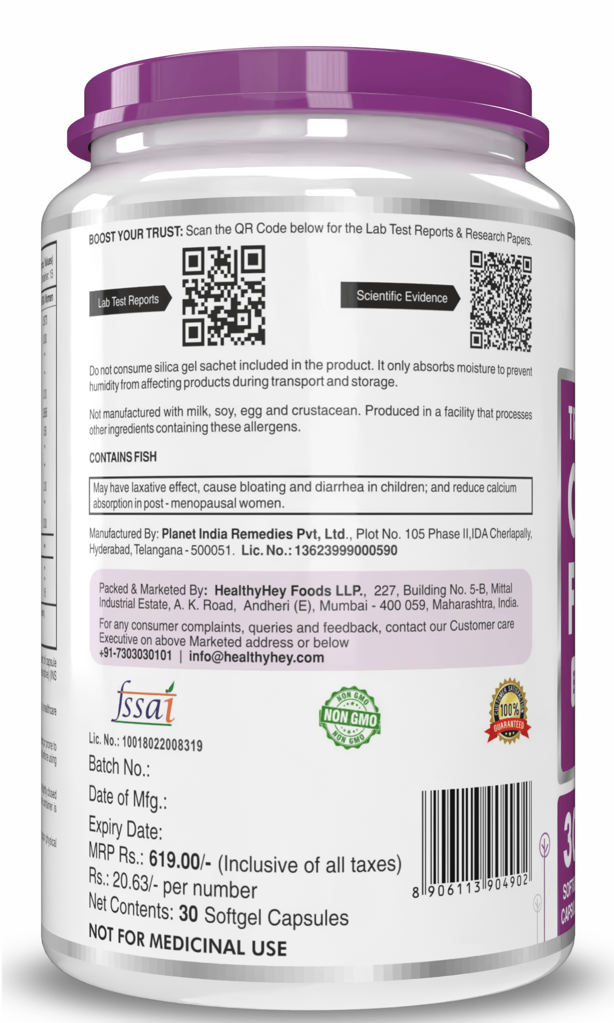 HealthyHey Nutrition Softgels Fish Oil - Omega 3, Support Heart,Brain skin, Hair & Eye Health (2000 Mg) Burpless (600 EPA & 400 DHA)