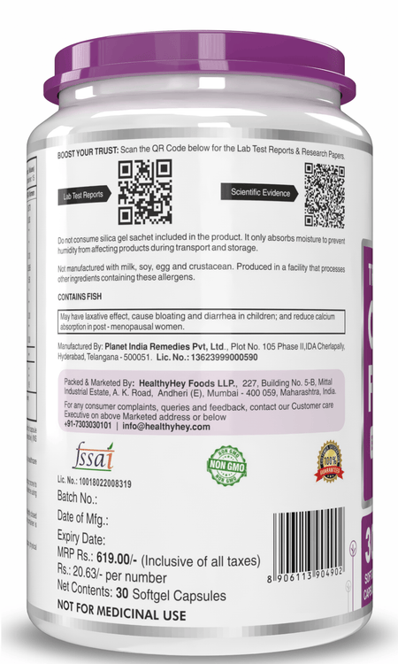 HealthyHey Nutrition Softgels Fish Oil - Omega 3, Support Heart,Brain skin, Hair & Eye Health (2000 Mg) Burpless (600 EPA & 400 DHA)