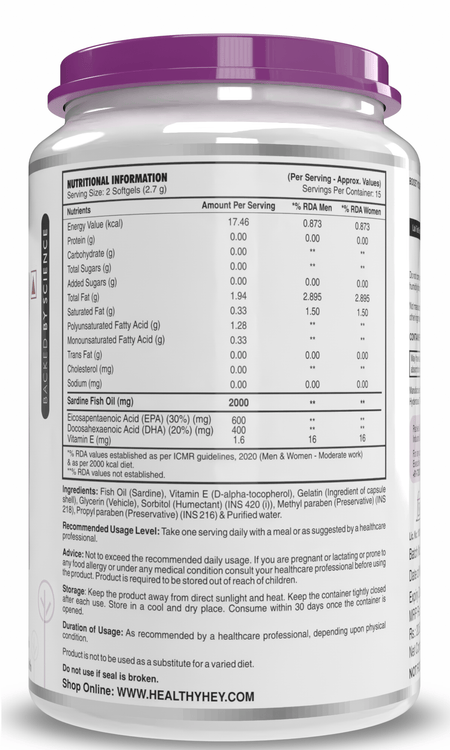 HealthyHey Nutrition Softgels Fish Oil - Omega 3, Support Heart,Brain skin, Hair & Eye Health (2000 Mg) Burpless (600 EPA & 400 DHA)