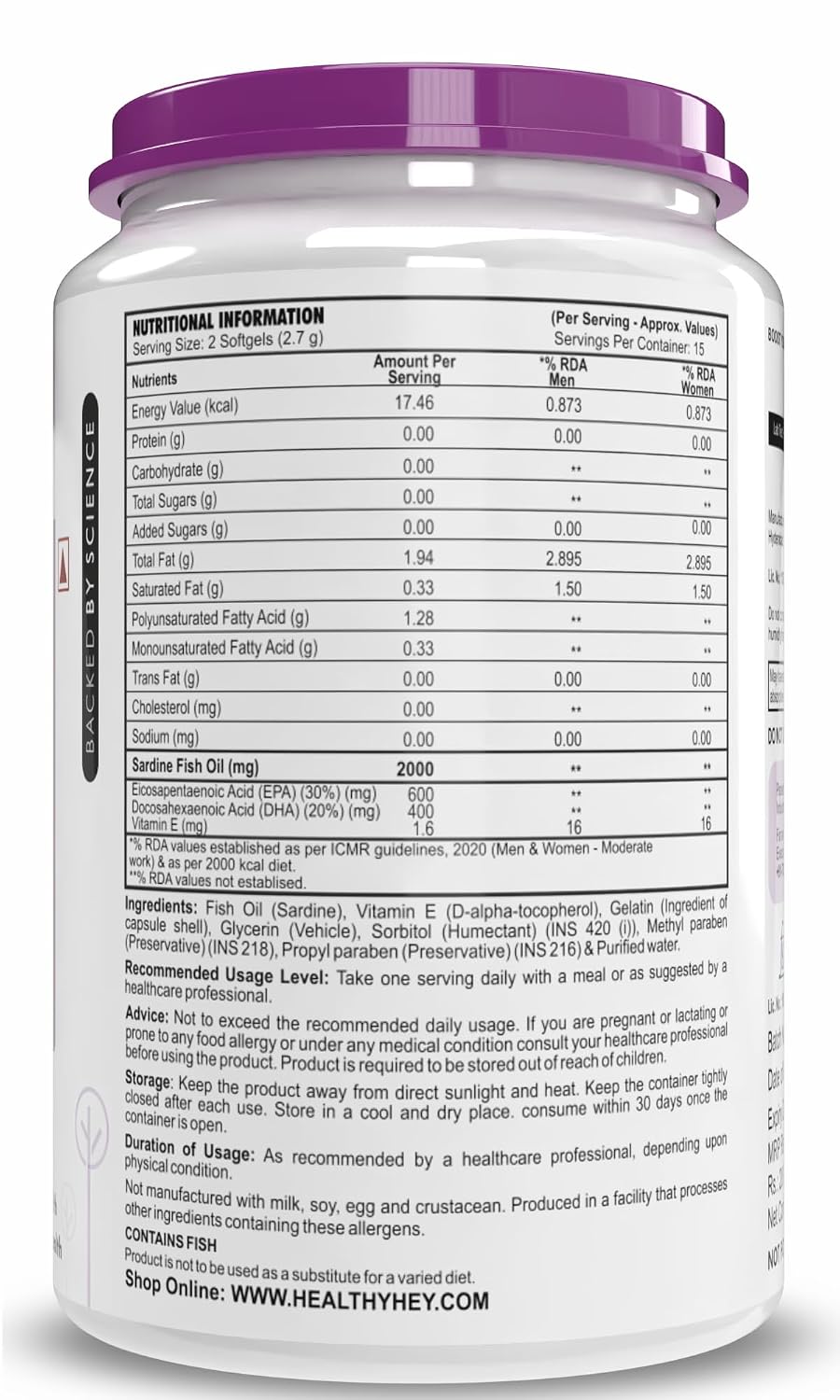 HealthyHey Nutrition Softgels HealthyHey Omega 3 Fish Oil | 2000 mg per 2 Softgels | EPA 600 mg + DHA 400 mg | Burpless