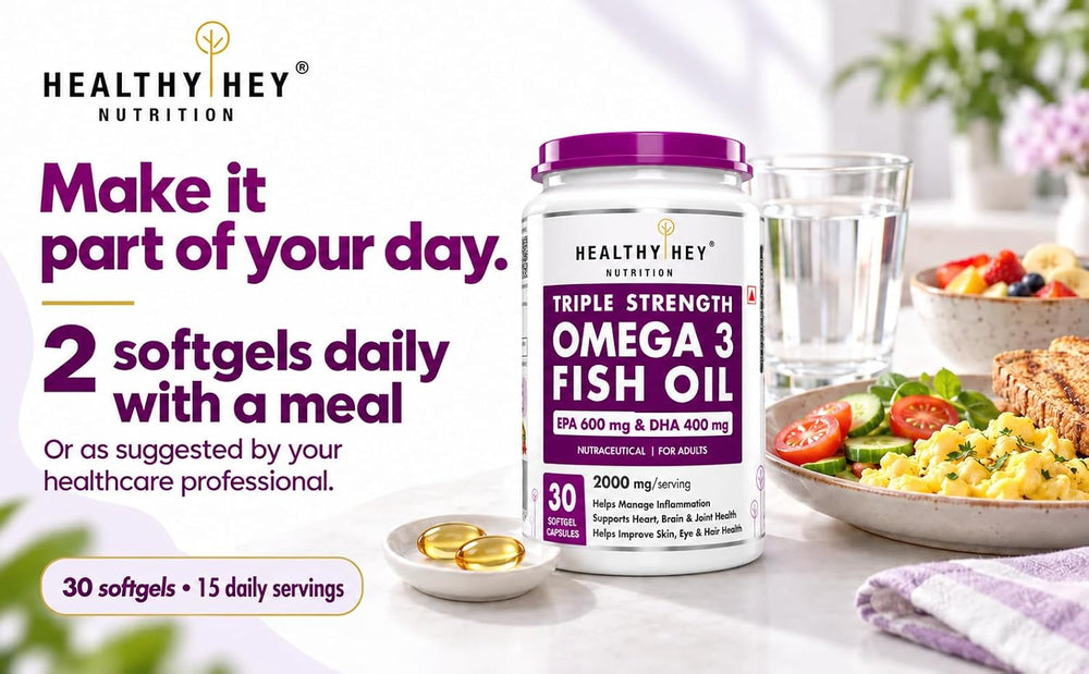 HealthyHey Nutrition Softgels HealthyHey Omega 3 Fish Oil | 2000 mg per 2 Softgels | EPA 600 mg + DHA 400 mg | Burpless