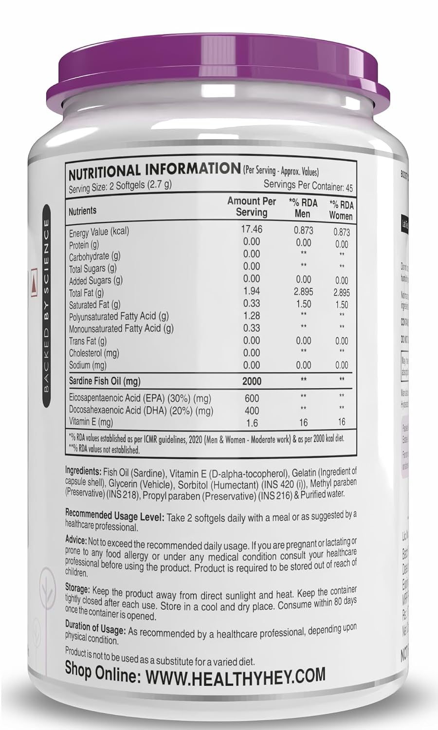 HealthyHey Nutrition Softgels HealthyHey Omega 3 Fish Oil | 2000 mg per 2 Softgels | EPA 600 mg + DHA 400 mg | Burpless