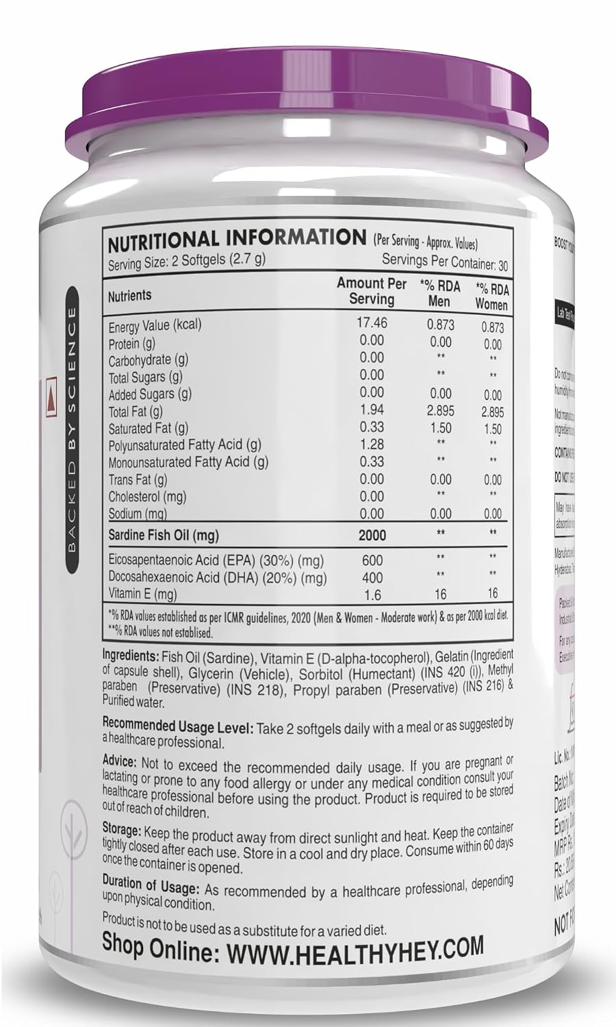 HealthyHey Nutrition Softgels HealthyHey Omega 3 Fish Oil | 2000 mg per 2 Softgels | EPA 600 mg + DHA 400 mg | Burpless