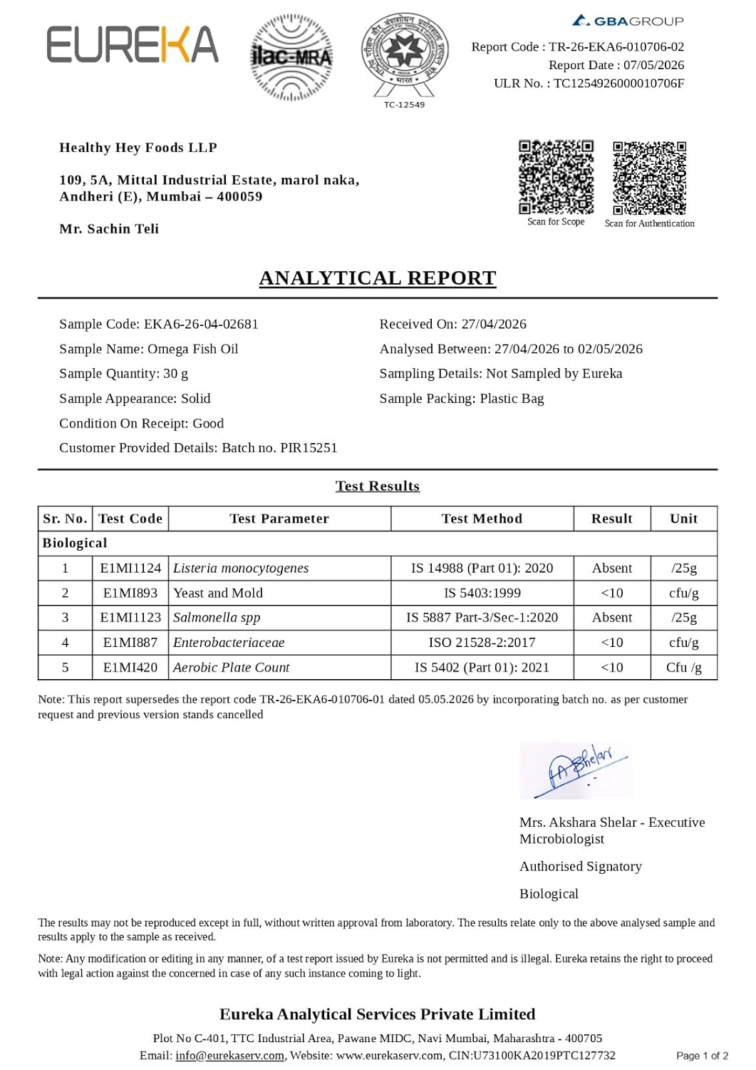 HealthyHey Omega 3 fish oil original lab report