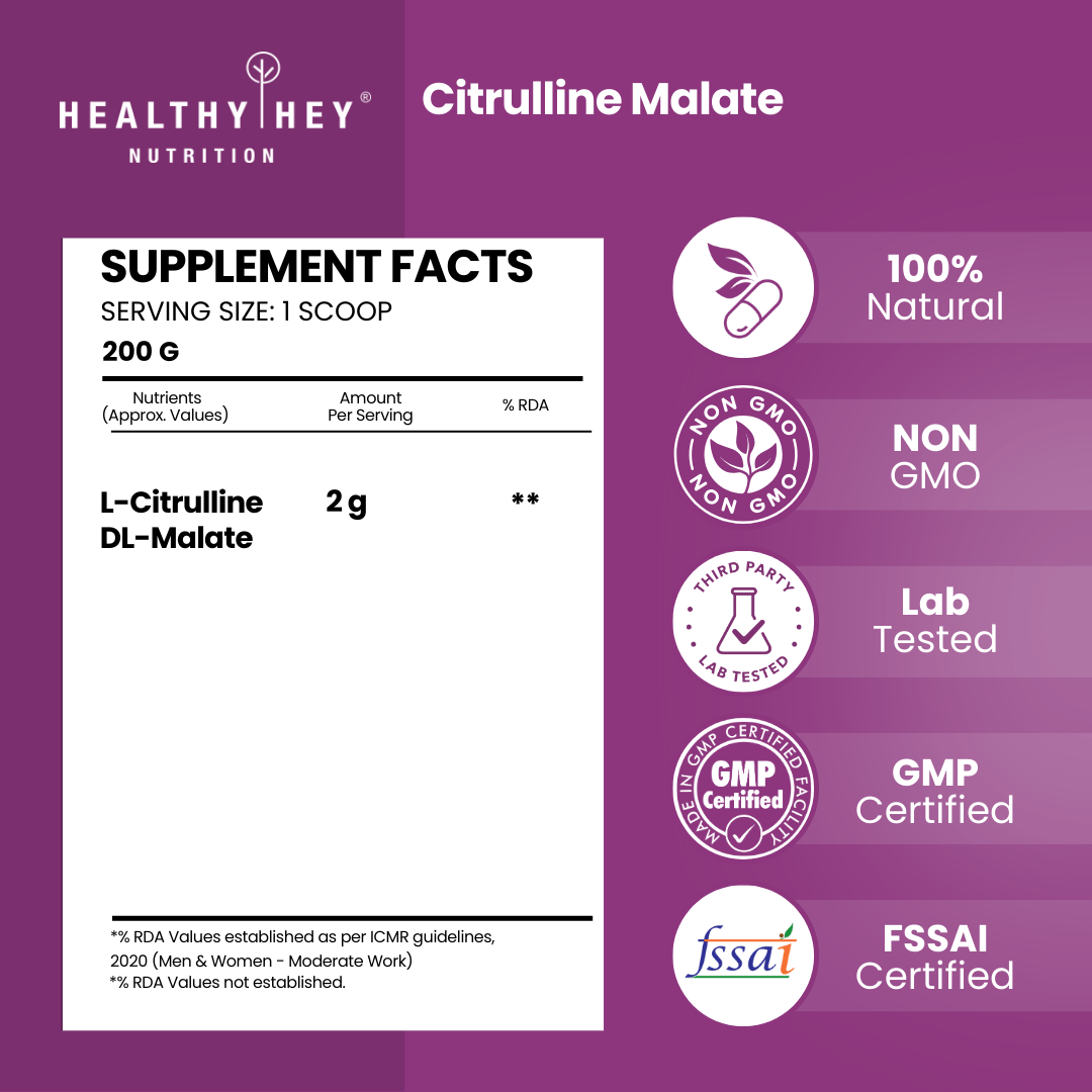 HealthyHey Sports Powder Citrulline Malate, Muscle Growth 2:1- Powerful Pre-Workout - 200 g, 100 Servings (Unflavoured)