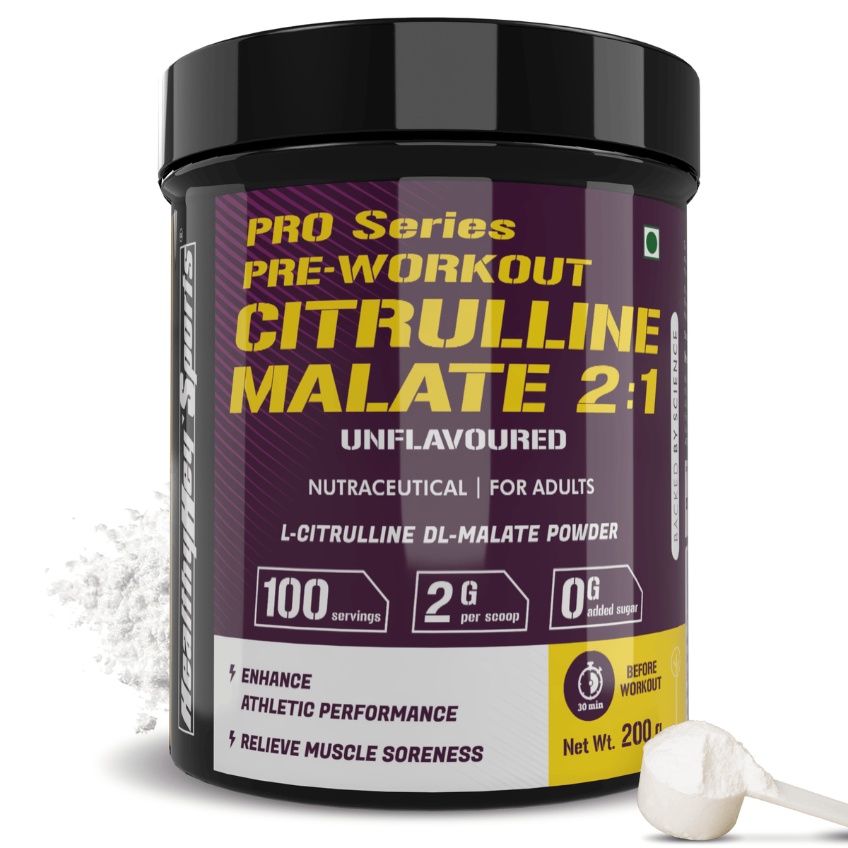 HealthyHey Sports Powder Citrulline Malate, Muscle Growth 2:1- Powerful Pre-Workout - 200 g, 100 Servings (Unflavoured)