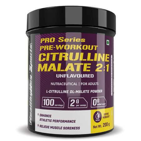 HealthyHey Sports Powder Citrulline Malate, Muscle Growth 2:1- Powerful Pre-Workout - 200 g, 100 Servings (Unflavoured)