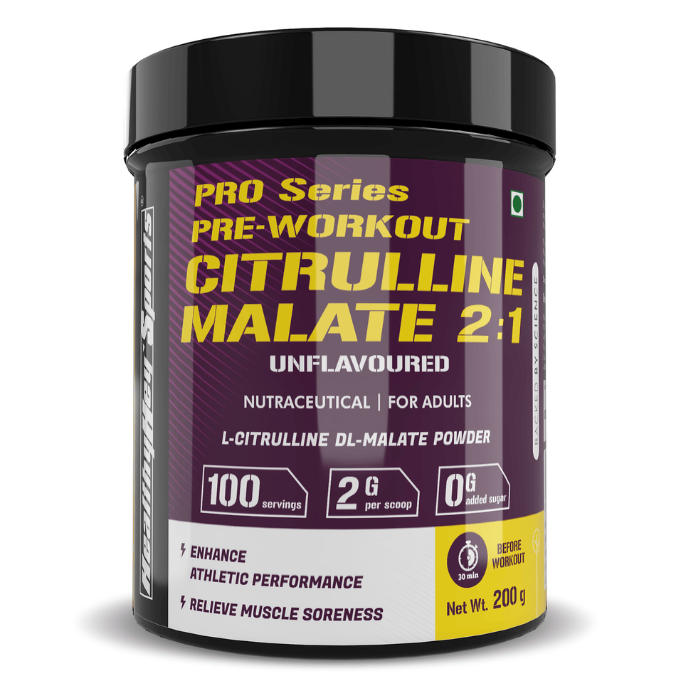 HealthyHey Sports Powder Citrulline Malate, Muscle Growth 2:1- Powerful Pre-Workout - 200 g, 100 Servings (Unflavoured)