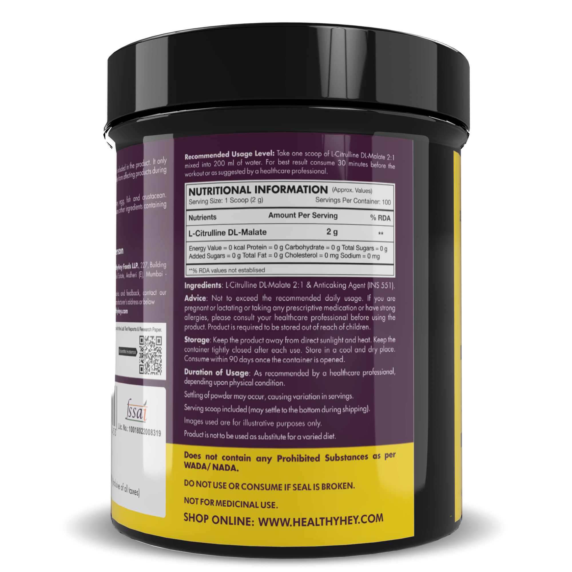 HealthyHey Sports Powder Citrulline Malate, Muscle Growth 2:1- Powerful Pre-Workout - 200 g, 100 Servings (Unflavoured)