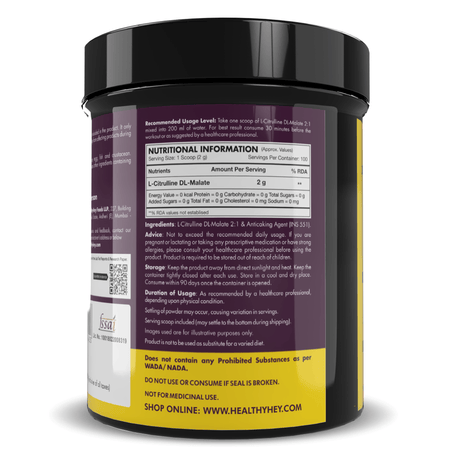 HealthyHey Sports Powder Citrulline Malate, Muscle Growth 2:1- Powerful Pre-Workout - 200 g, 100 Servings (Unflavoured)