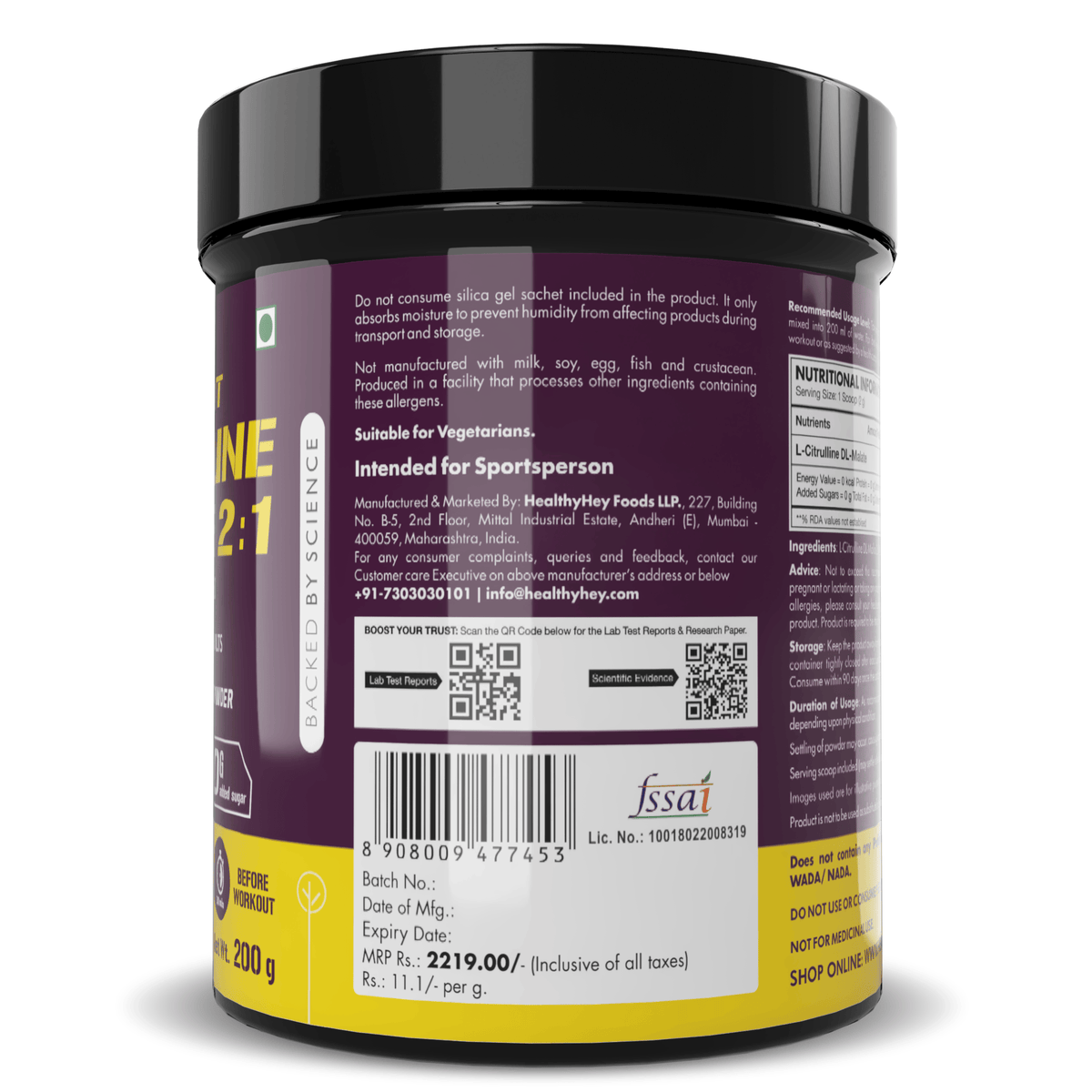 HealthyHey Sports Powder Citrulline Malate, Muscle Growth 2:1- Powerful Pre-Workout - 200 g, 100 Servings (Unflavoured)
