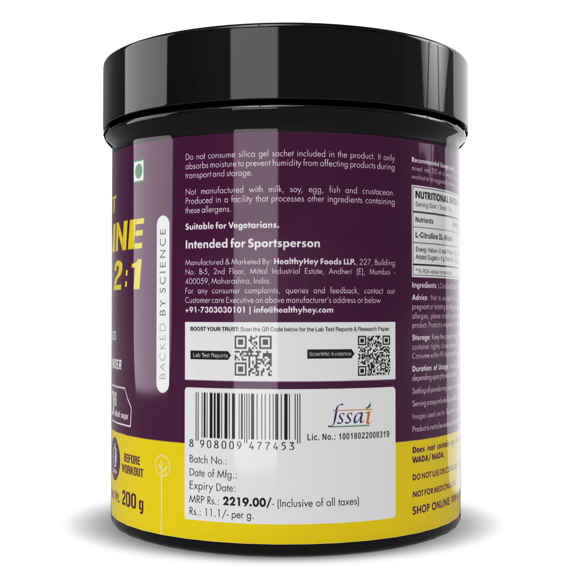 HealthyHey Sports Powder Citrulline Malate, Muscle Growth 2:1- Powerful Pre-Workout - 200 g, 100 Servings (Unflavoured)