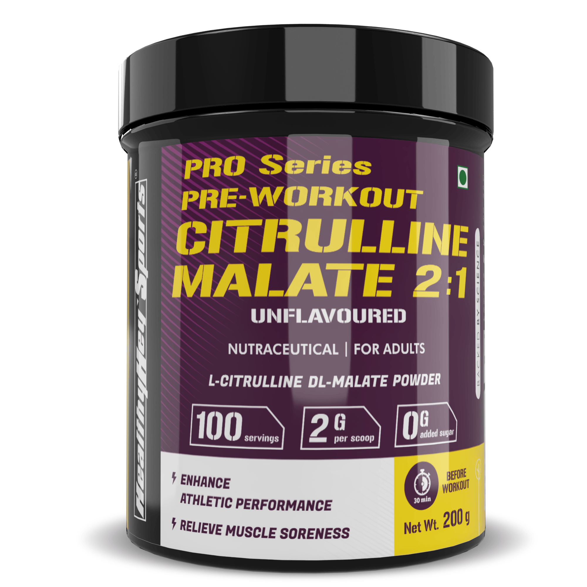 HealthyHey Sports Powder Citrulline Malate, Muscle Growth 2:1- Powerful Pre-Workout - 200 g, 100 Servings (Unflavoured)