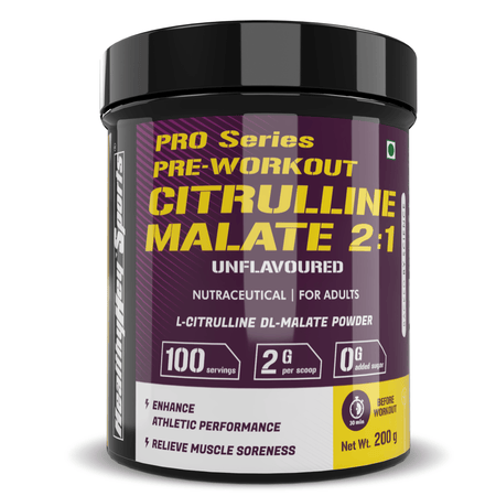 HealthyHey Sports Powder Citrulline Malate, Muscle Growth 2:1- Powerful Pre-Workout - 200 g, 100 Servings (Unflavoured)