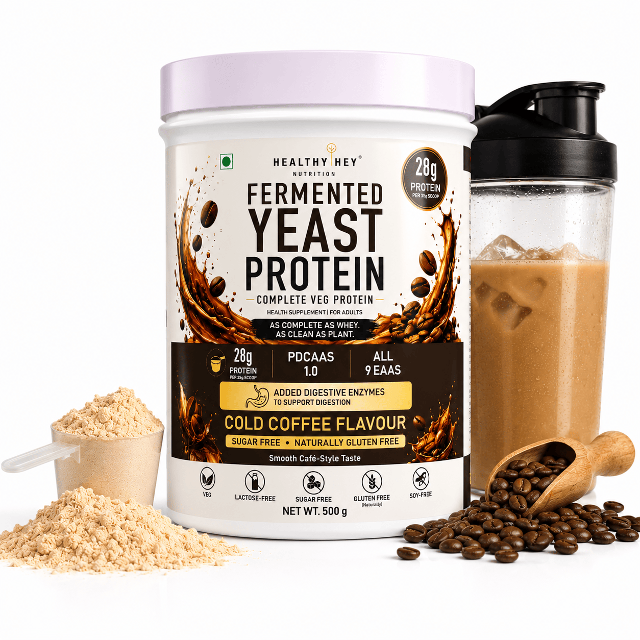 HealthyHey Sports Powder Cold Coffee Fermented Yeast Protein Helps Muscle Protein Synthesis Supports Healthy - 500g