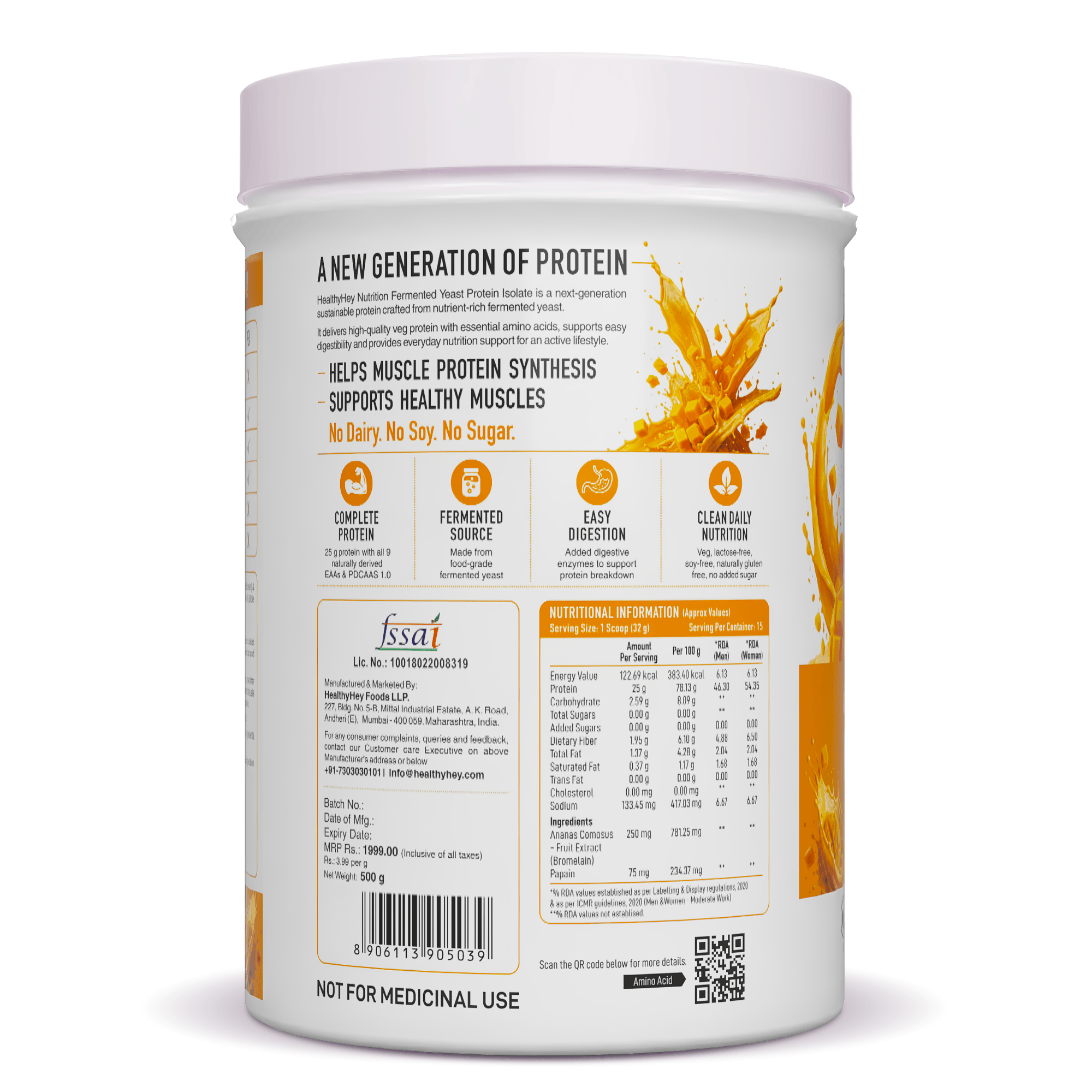 HealthyHey Sports Powder Fermented Yeast Protein Helps Muscle Protein Synthesis Supports Healthy - 25g Protein Per Serving - Mango Flavour