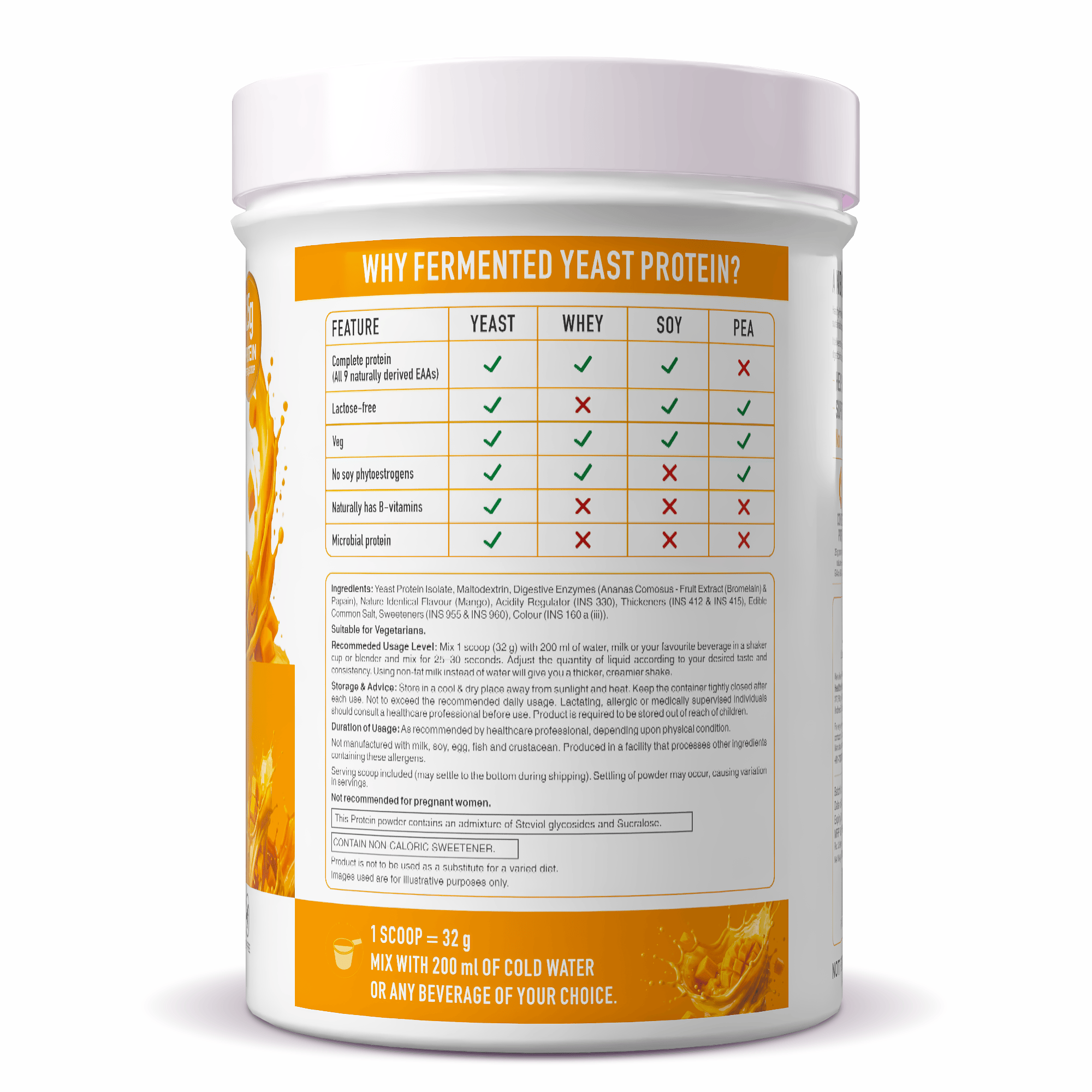 HealthyHey Sports Powder Fermented Yeast Protein Helps Muscle Protein Synthesis Supports Healthy - 25g Protein Per Serving - Mango Flavour