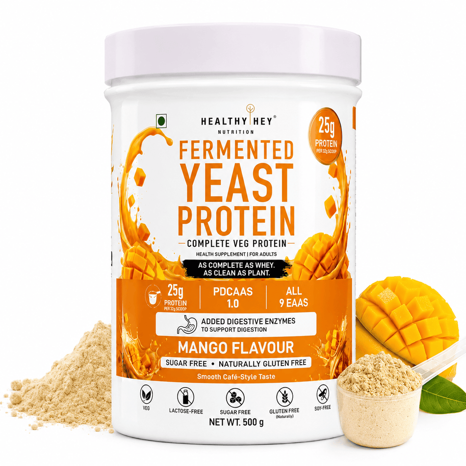 HealthyHey Sports Powder Fermented Yeast Protein Helps Muscle Protein Synthesis Supports Healthy - 25g Protein Per Serving - Mango Flavour