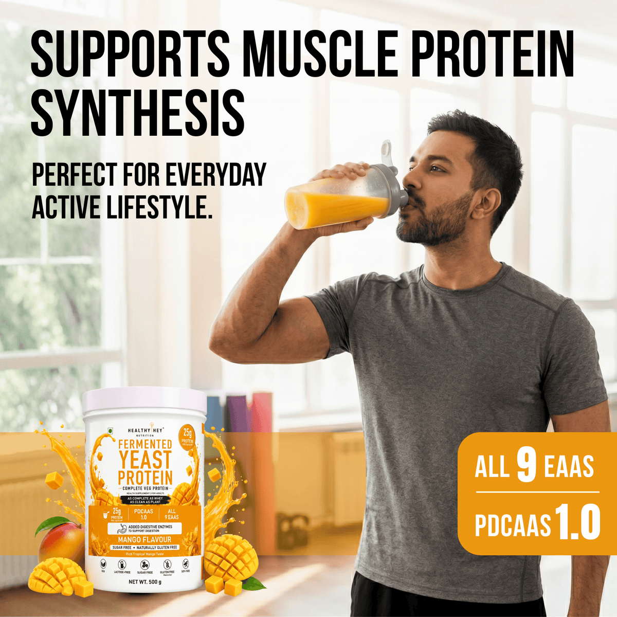 HealthyHey Sports Powder Fermented Yeast Protein Helps Muscle Protein Synthesis Supports Healthy - 25g Protein Per Serving - Mango Flavour
