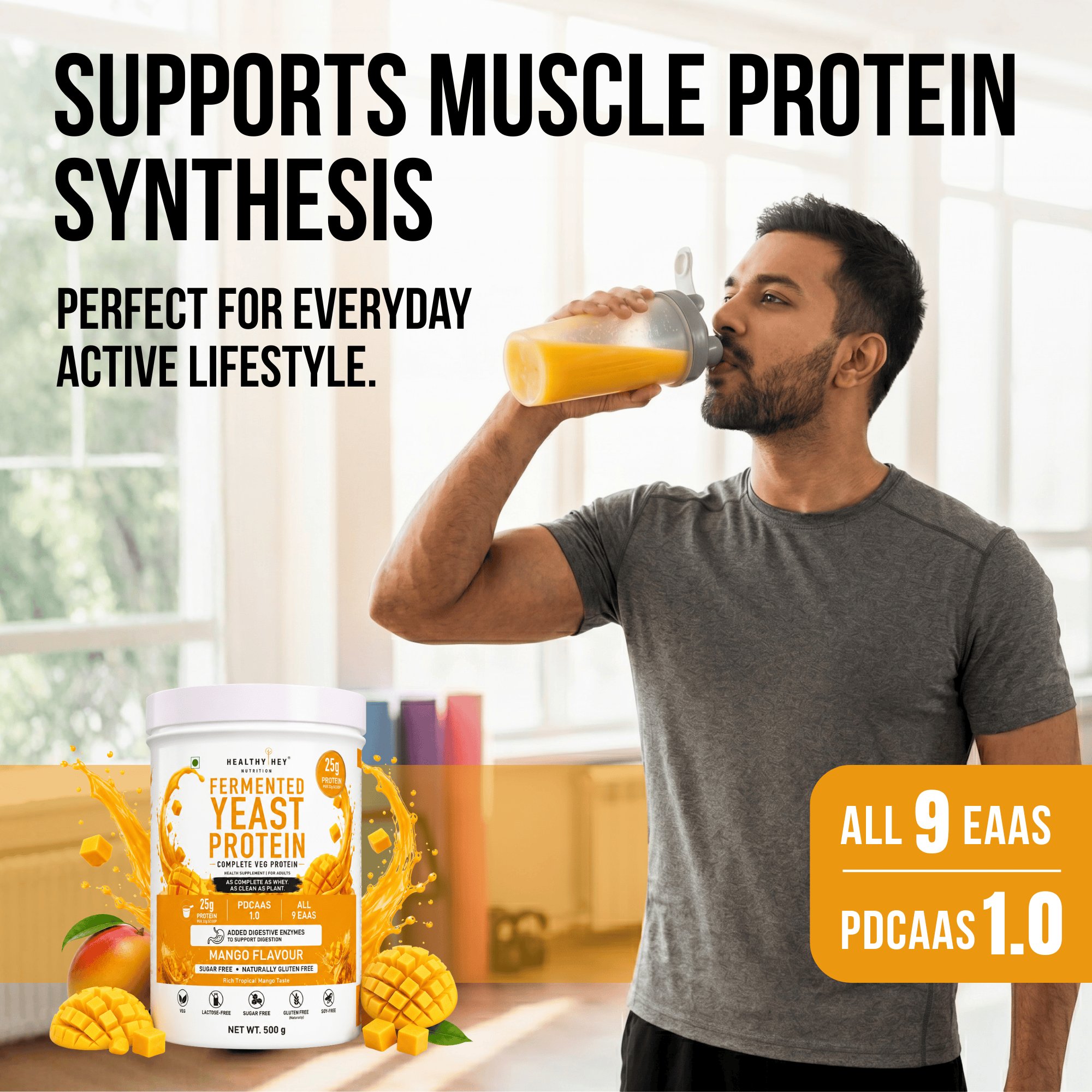 HealthyHey Sports Powder Fermented Yeast Protein Helps Muscle Protein Synthesis Supports Healthy - 25g Protein Per Serving - Mango Flavour