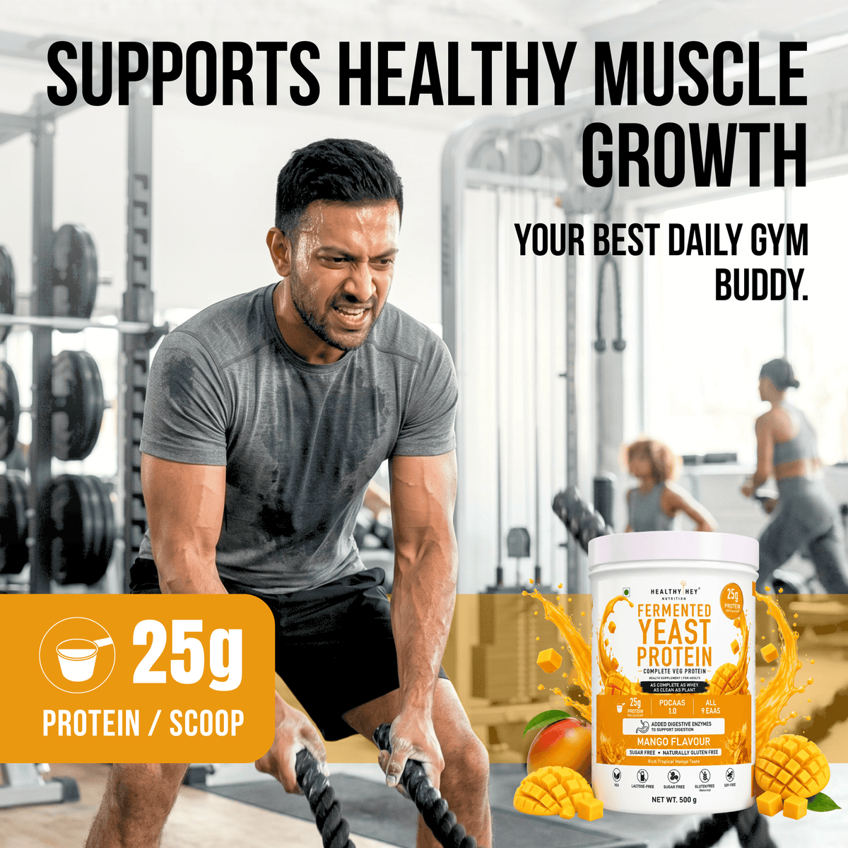 HealthyHey Sports Powder Fermented Yeast Protein Helps Muscle Protein Synthesis Supports Healthy - 25g Protein Per Serving - Mango Flavour