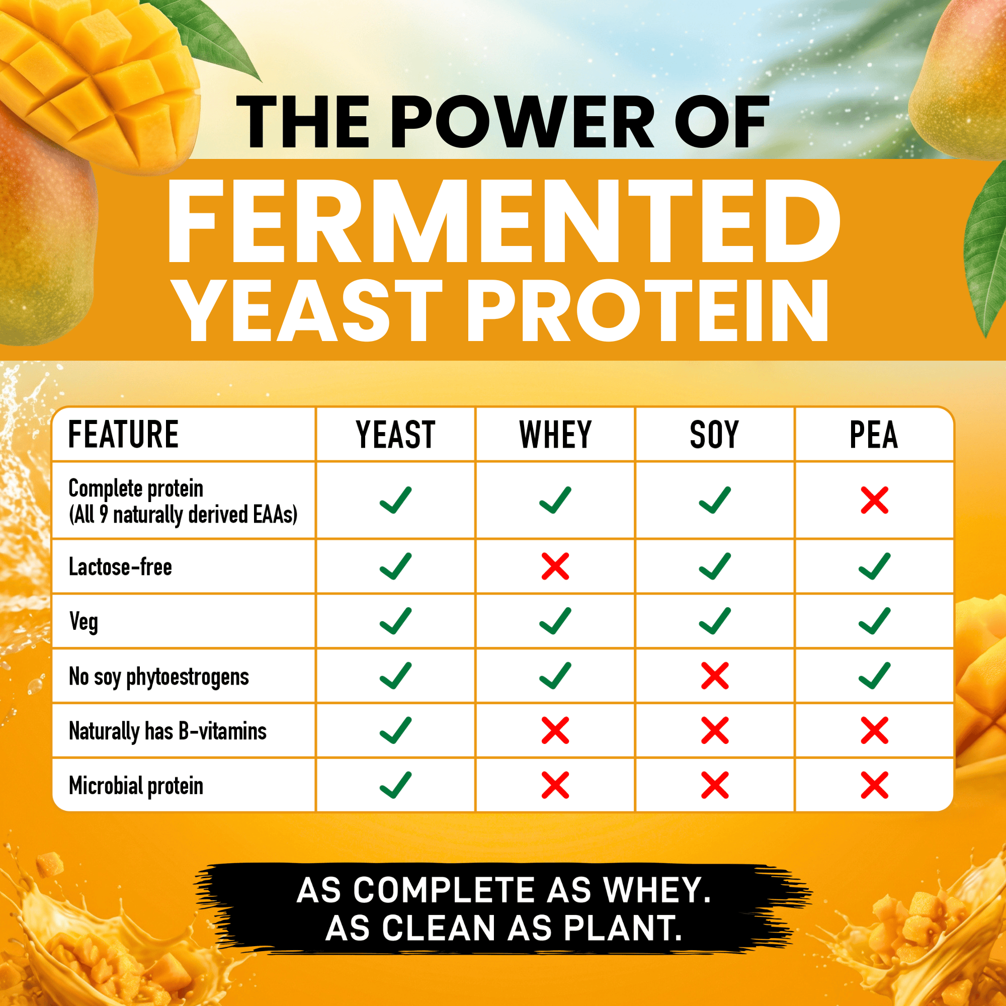 HealthyHey Sports Powder Fermented Yeast Protein Helps Muscle Protein Synthesis Supports Healthy - 25g Protein Per Serving - Mango Flavour