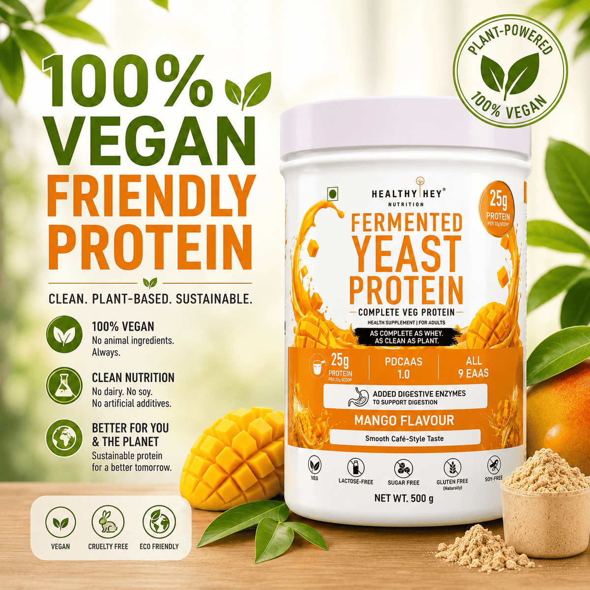 HealthyHey Sports Powder Fermented Yeast Protein Helps Muscle Protein Synthesis Supports Healthy - 25g Protein Per Serving - Mango Flavour