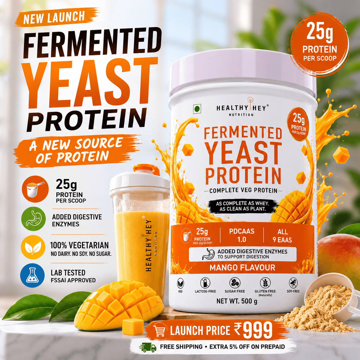 HealthyHey Sports Powder Fermented Yeast Protein Helps Muscle Protein Synthesis Supports Healthy - 25g Protein Per Serving - Mango Flavour