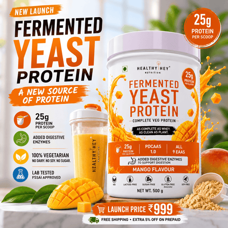 HealthyHey Sports Powder Fermented Yeast Protein Helps Muscle Protein Synthesis Supports Healthy - 25g Protein Per Serving - Mango Flavour