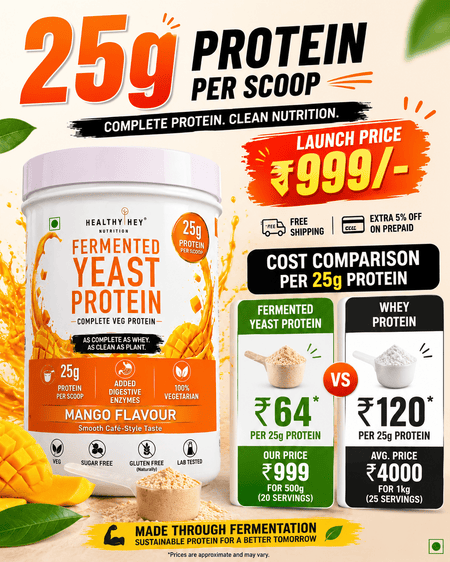HealthyHey Sports Powder Fermented Yeast Protein Helps Muscle Protein Synthesis Supports Healthy - 25g Protein Per Serving - Mango Flavour
