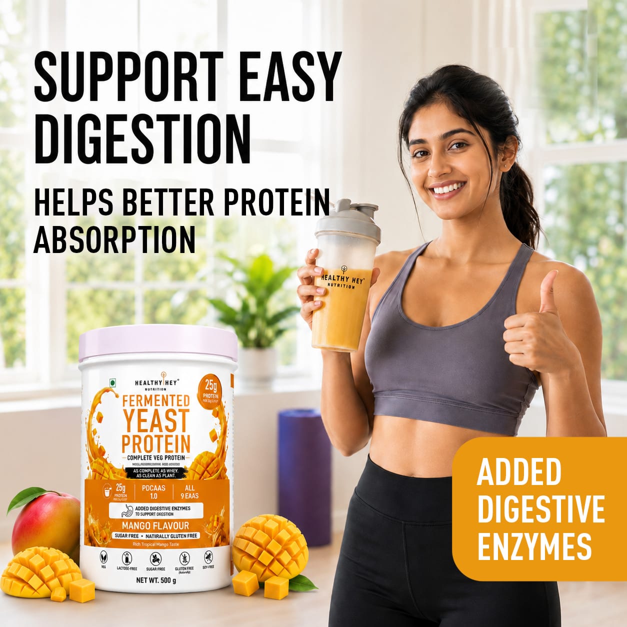 HealthyHey Sports Powder Fermented Yeast Protein Helps Muscle Protein Synthesis Supports Healthy - 25g Protein Per Serving - Mango Flavour