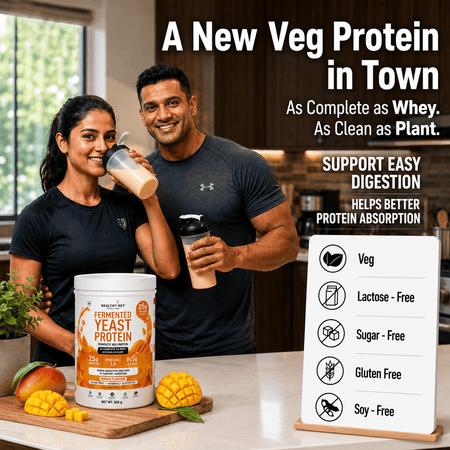 HealthyHey Sports Powder Fermented Yeast Protein Helps Muscle Protein Synthesis Supports Healthy - 25g Protein Per Serving - Mango Flavour