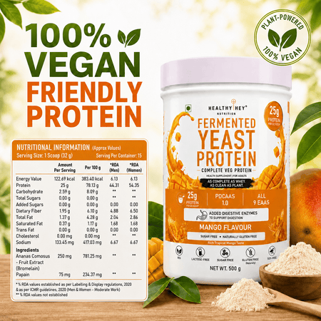 HealthyHey Sports Powder Fermented Yeast Protein Helps Muscle Protein Synthesis Supports Healthy - 25g Protein Per Serving - Mango Flavour