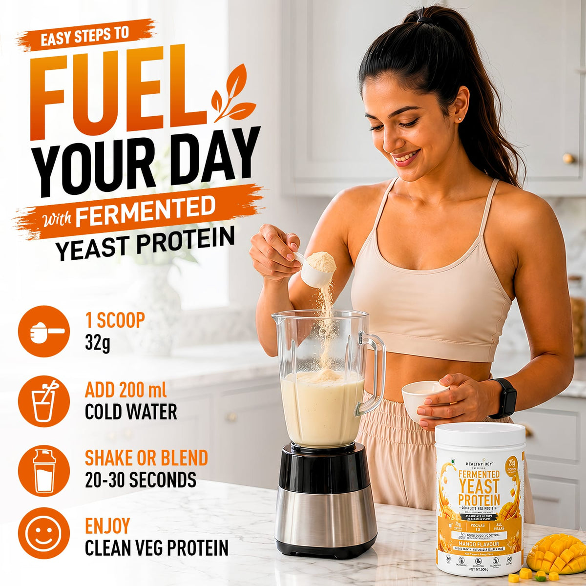 HealthyHey Sports Powder Fermented Yeast Protein Helps Muscle Protein Synthesis Supports Healthy - 25g Protein Per Serving - Mango Flavour