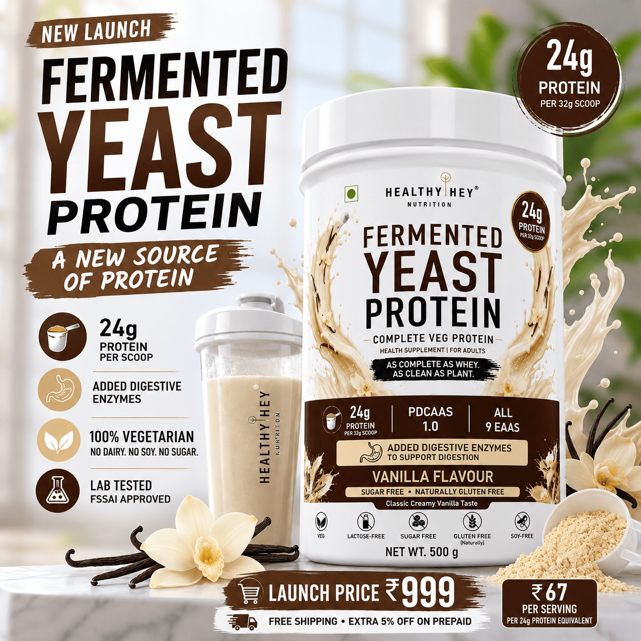 HealthyHey Sports Powder Fermented Yeast Protein Helps Muscle Protein Synthesis Supports Healthy - 32g Per Serving