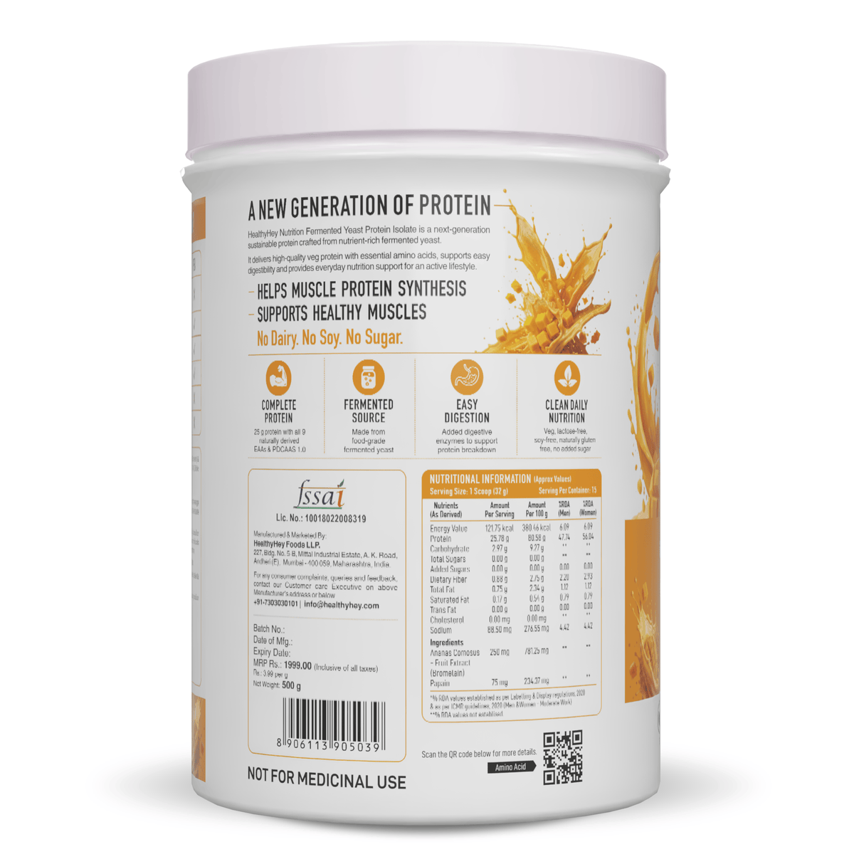 HealthyHey Sports Powder Fermented Yeast Protein Helps Muscle Protein Synthesis Supports Healthy - 32g Per Serving - 500g