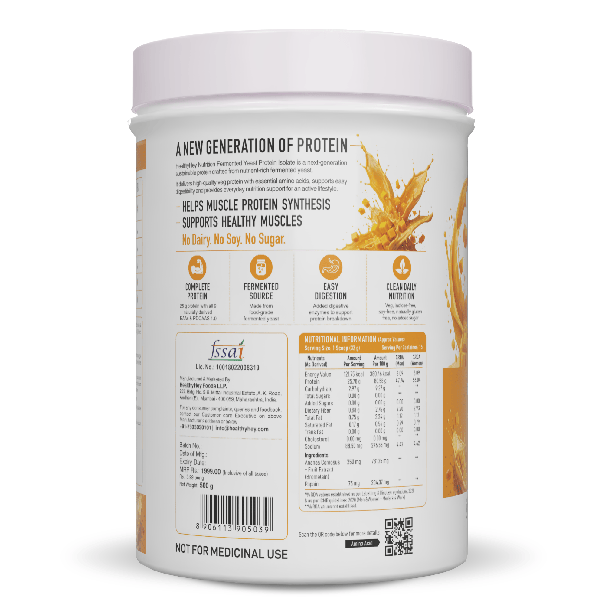HealthyHey Sports Powder Fermented Yeast Protein Helps Muscle Protein Synthesis Supports Healthy - 32g Per Serving - 500g